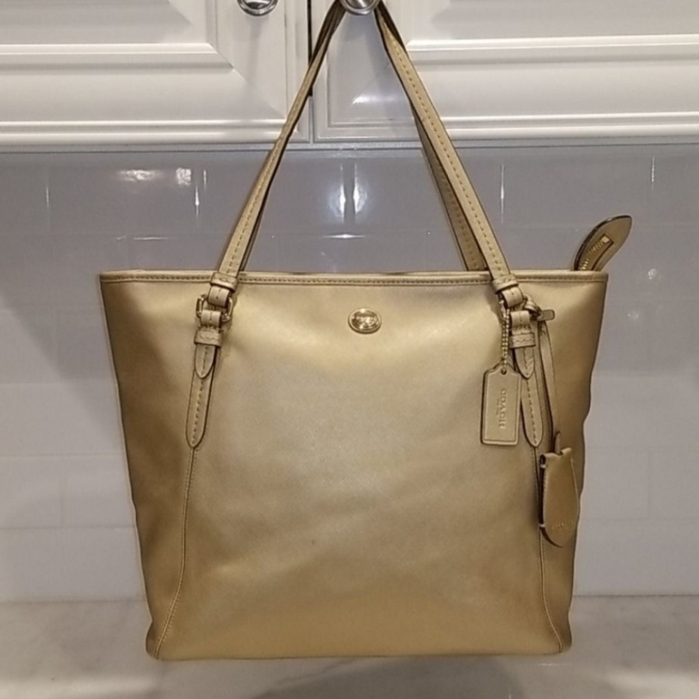 Coach Peyton Saffiano Leather Sand Zip Top Tote Bag